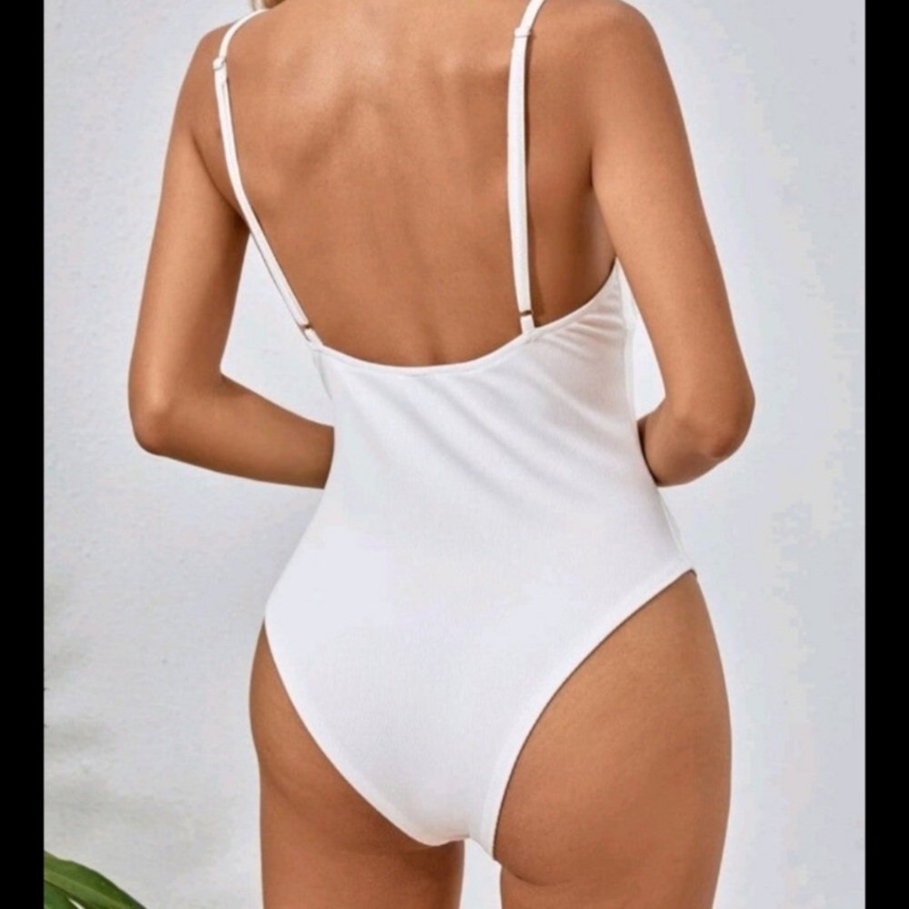 Frill trim backless ribbed knit cami bodysuit